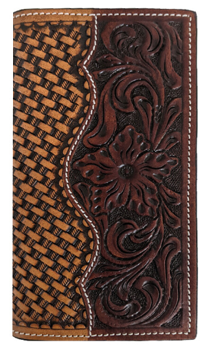 Western Tooled & Basketweave Leather Rodeo Wallet/Checkbook Cover