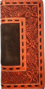 Western Tooled & Distressed Leather Rodeo Wallet with Brown Back Stitching