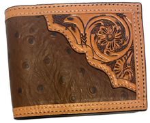 Load image into Gallery viewer, Western Ostrich and Tan Tooled Leather Bi-Fold Wallet