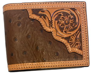 Western Ostrich and Tan Tooled Leather Bi-Fold Wallet
