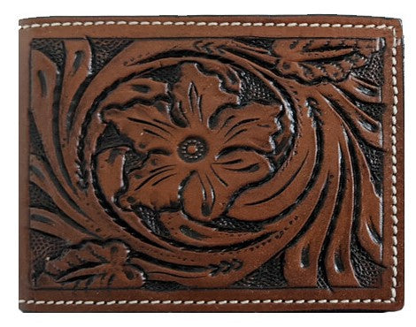 Western Dark Tan Floral Leather Bi-Fold Wallet