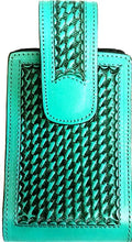 Load image into Gallery viewer, Western Hand Carved Basketweave Leather Cell Phone Holder Turquoise - Holds Up to 6&quot; Tall