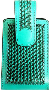Western Hand Carved Basketweave Leather Cell Phone Holder Turquoise - Holds Up to 6" Tall