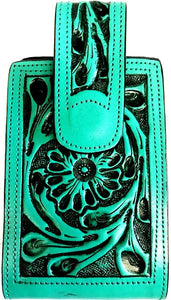 Western Hand Tooled Leather Cell Phone Holder Turquoise - Holds Up to 6" Tall