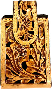 Western Hand Tooled Leather Cell Phone Holder Black & Natural - Holds Up to 6-1/2" Tall