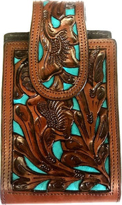 Western Hand Tooled Leather Cell Phone Holder Brown & Blue - Holds Up to 6-1/2" Tall