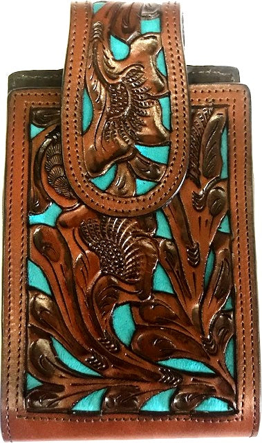 Western Hand Tooled Leather Cell Phone Holder Brown & Blue - Holds Up to 6-1/2