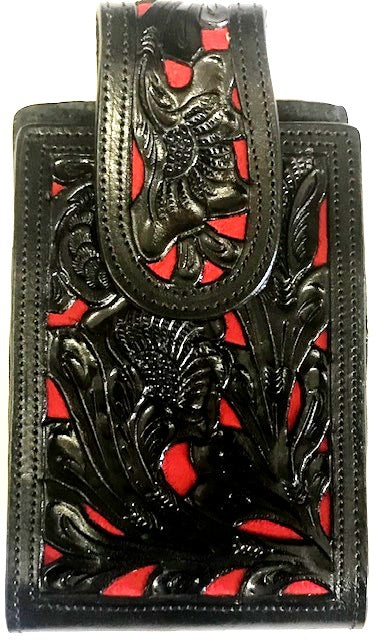 Western Hand Tooled Leather Cell Phone Holder Black & Red - Holds Up to 6-1/2