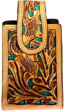 Load image into Gallery viewer, Western Hand Tooled Leather Cell Phone Holder Turquoise &amp; Natural - Holds Up to 6-1/2&quot; Tall
