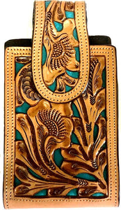 Western Hand Tooled Leather Cell Phone Holder Turquoise & Natural - Holds Up to 6-1/2" Tall