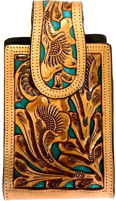 Western Hand Tooled Leather Cell Phone Holder Turquoise & Natural - Holds Up to 6-1/2