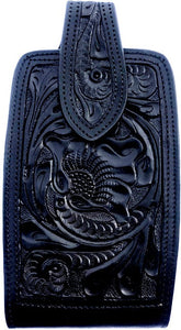 Western Hand Tooled Black Leather Cell Phone Holder  - Holds Up to 7" Tall