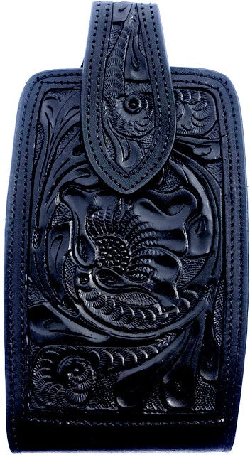 Western Hand Tooled Black Leather Cell Phone Holder  - Holds Up to 7