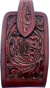 Western Hand Tooled Brown Leather Cell Phone Holder  - Holds Up to 7" Tall
