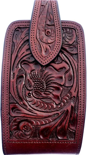 Western Hand Tooled Brown Leather Cell Phone Holder  - Holds Up to 7