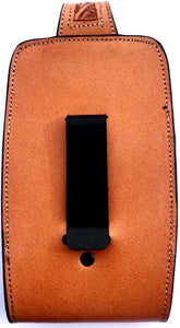 Western Hand Tooled Natural Leather Cell Phone Holder  - Holds Up to 7" Tall