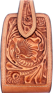 Western Hand Tooled Natural Leather Cell Phone Holder  - Holds Up to 7" Tall