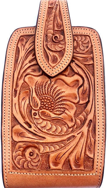 Western Hand Tooled Natural Leather Cell Phone Holder  - Holds Up to 7
