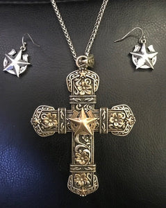 Western Silver & Gold Star Cross Buckle Necklace & Matching Earrings