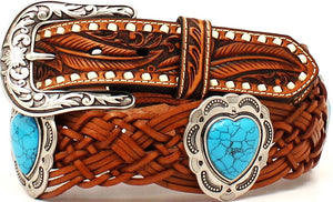 Ladies' Western Tan Braided Belt with Heart Conchos (1-1/2")