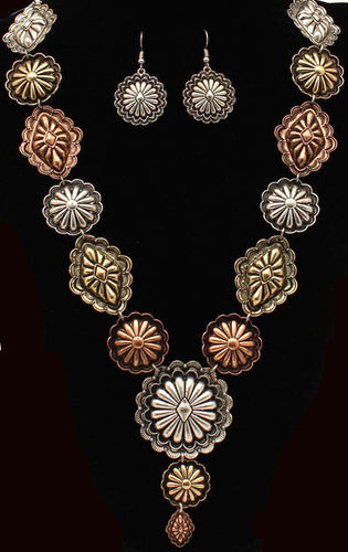 Western Silver, Gold & Copper Necklace with Matching Earrings
