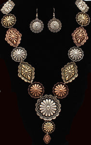Western Silver, Gold & Copper Necklace with Matching Earrings