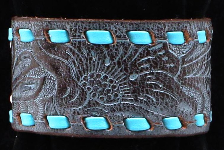Brown Distressed Floral Tooled Cuff Bracelet with Bucklaced Edge