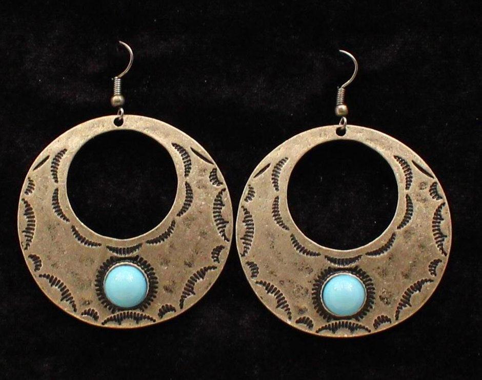 Antique Silver & Blue Bead Circle Earrings