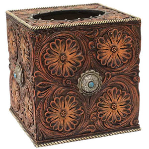 Floral Tooled Square Tissue Box with Turquoise Concho