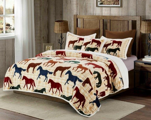 "Horses" Flannel Sherpa 4-Piece Blanket Set