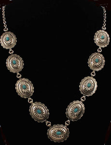 Western Silver Necklace with Antique Silver Conchos & Turquoise