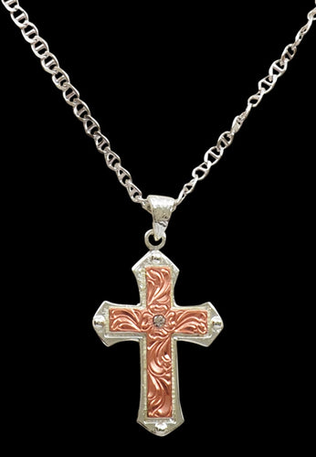 Silver & Copper Western Cross Necklace with Engraving
