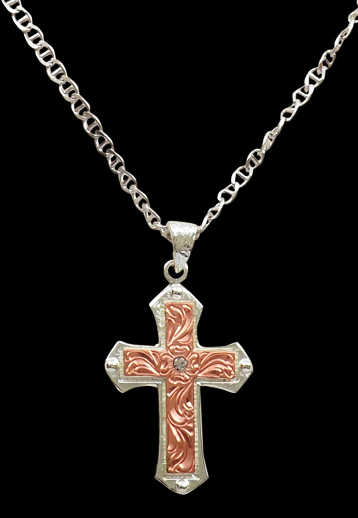 Silver Copper Western Cross Necklace with Engraving – Wild West