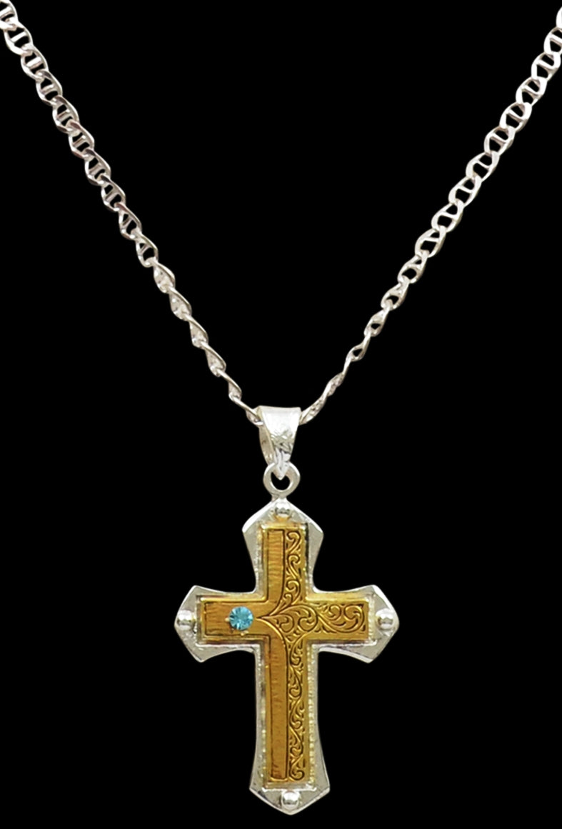 Silver & Gold Western Cross Necklace with Turquoise Stone