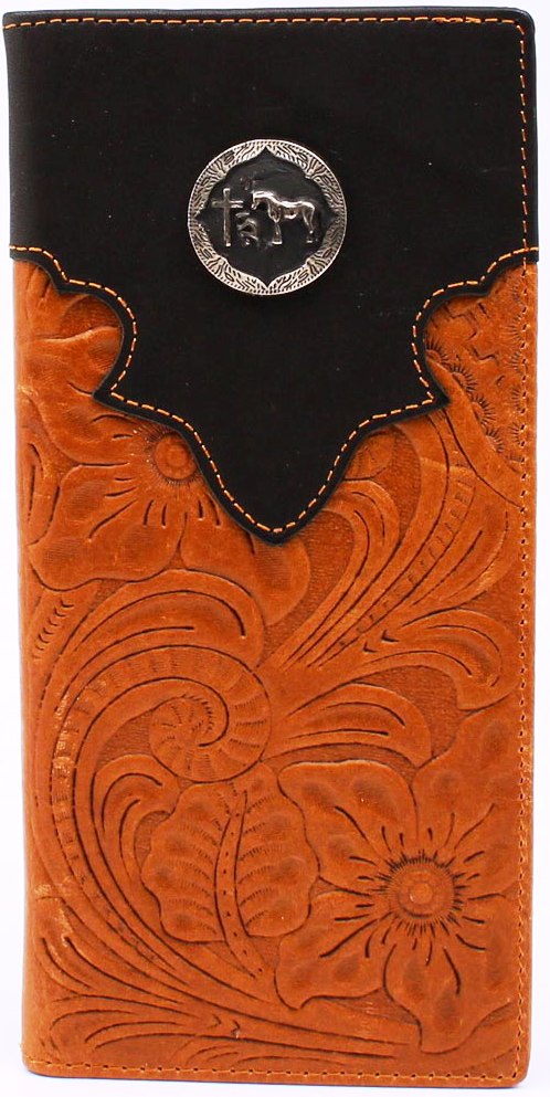 Brown & Black Leather Rodeo Wallet with Praying Cowboy Concho