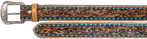 Hand Carved & Painted Tooled Leather Men's Belt with Turquoise Buckstitch