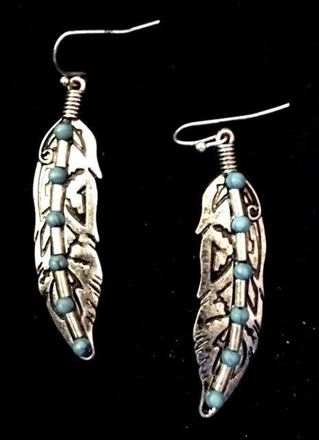 Western Silver & Turquoise Feather Earrings