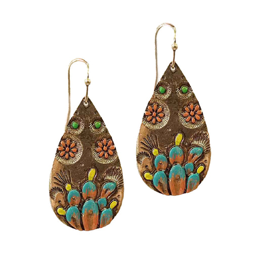 Cactus Engraved Teardrop Earrings