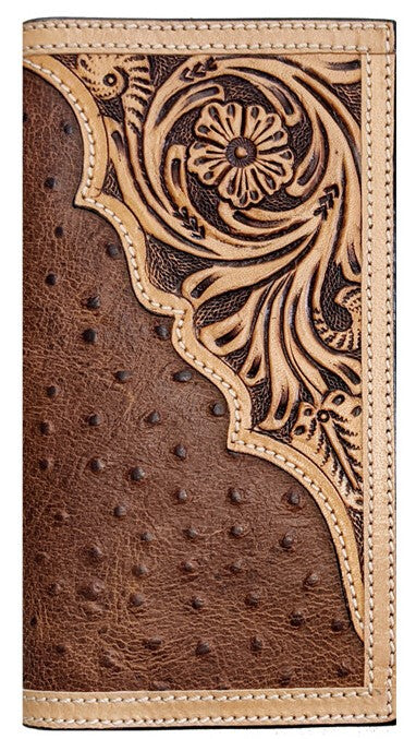 Western Ostrich and Tan Tooled Leather Rodeo Wallet