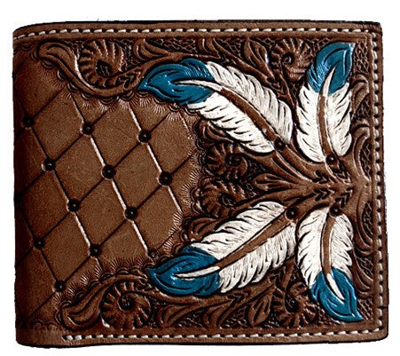 Western Brown Floral Tooled with Feathers Leather Bi-Fold Wallet