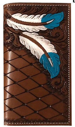 Western Brown Floral Tooled with Feathers Leather Rodeo Wallet
