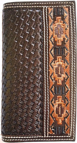 Western Brown Basketweave Rodeo Wallet with Aztec Embroidered Border
