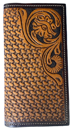 Tan Tooled & Basketweave Leather Rodeo Wallet