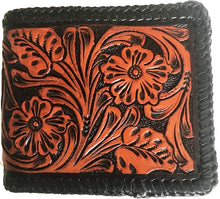 Load image into Gallery viewer, Tan &amp; Black Tooled Leather Bi-Fold Wallet
