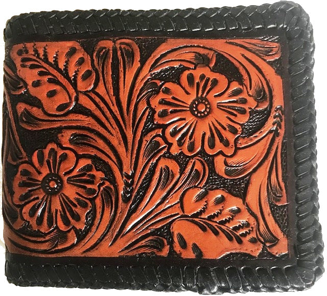 Tan & Black Tooled Leather Bi-Fold Wallet