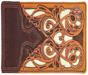 "Top Notch" Hand-Tooled Leather Bi-Fold Wallet with Ivory Leather Inlay Bullhide Overlay and Hooey Logo Rivet