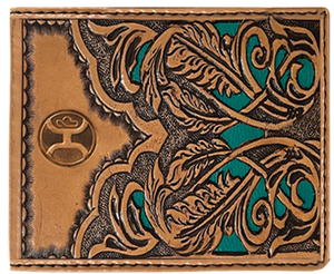"Phoenix" Hand Tooled Feather Filigree Leather Bifold Wallet with Turquoise Leather Inlay and Hooey 2.0 Heat Branded Logo