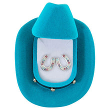Load image into Gallery viewer, Multi-Colored Rhinestone Horseshoe Earrings with Cowboy Hat Gift Box