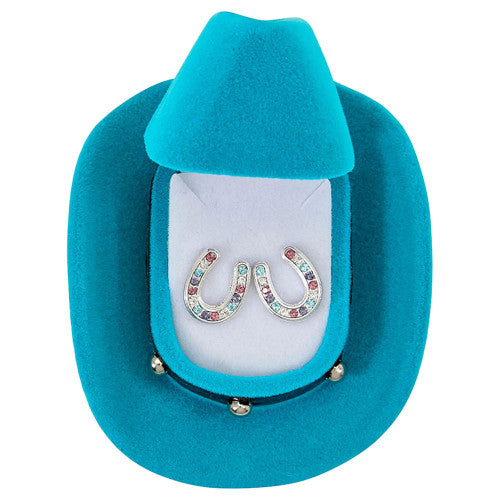 Multi-Colored Rhinestone Horseshoe Earrings with Cowboy Hat Gift Box