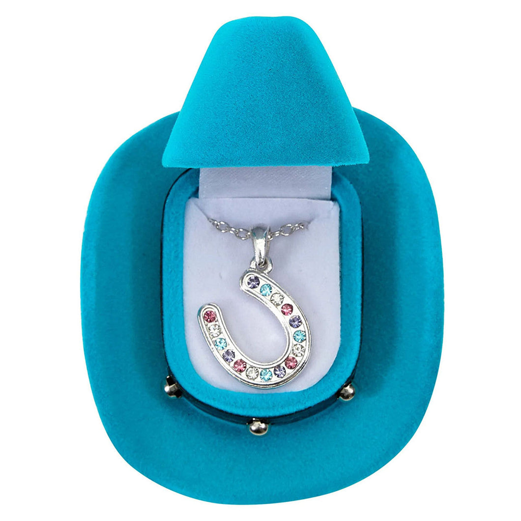 Multi-Color Horseshoe Rhinestone Horseshoe Necklace with Cowboy Hat Gift Box